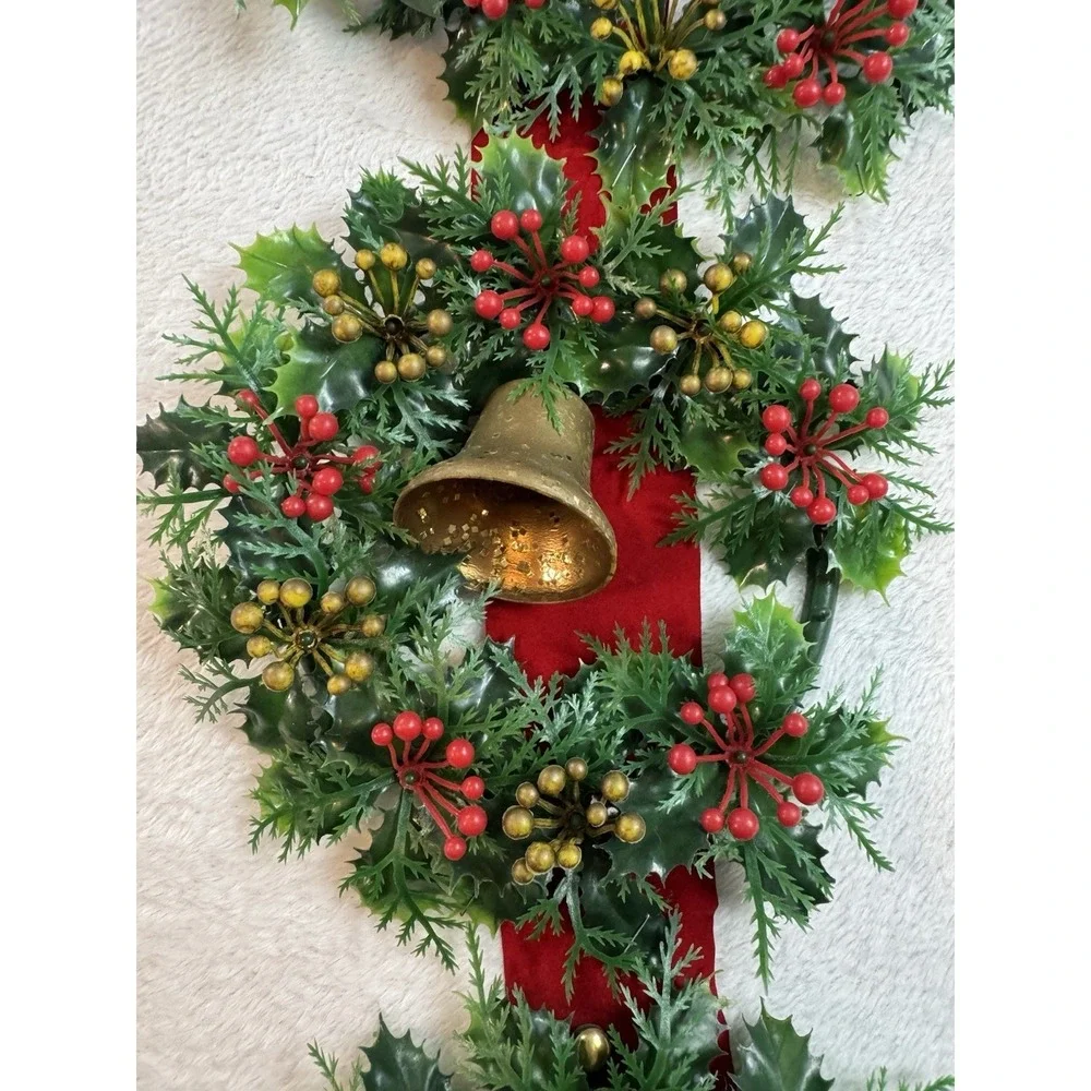 Vintage Plastic Triple Christmas Wreath with Bells on Flocked Red Velvet Ribbon